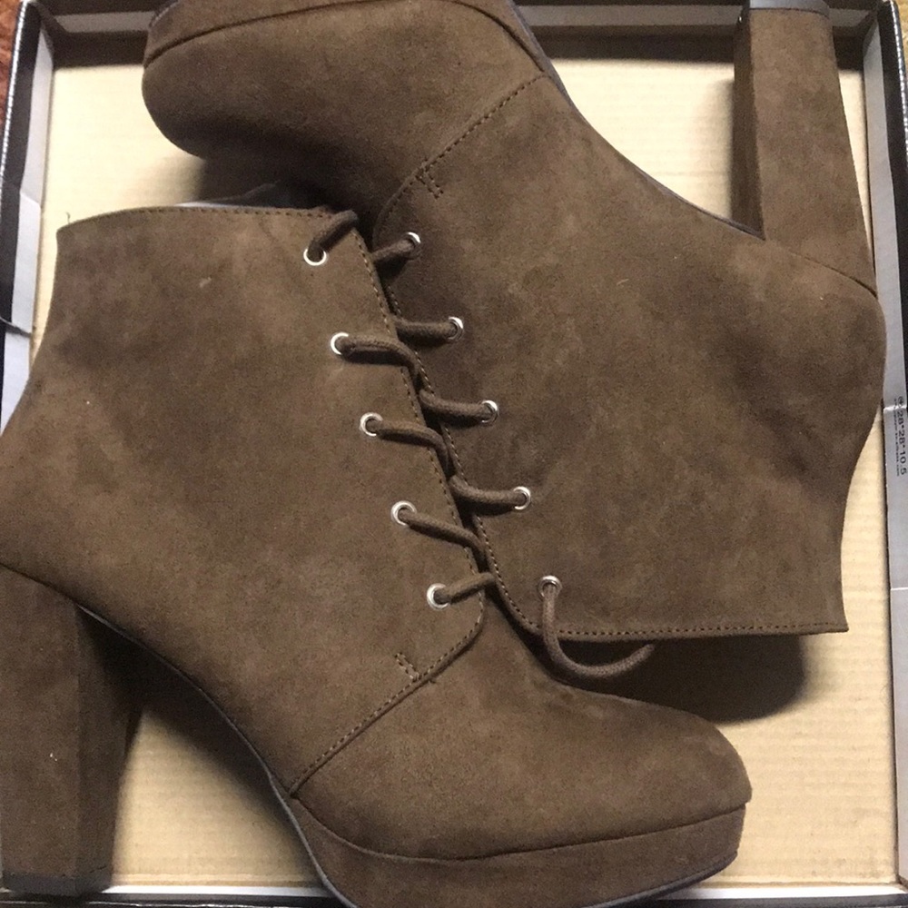Brown faux suede platform heel booties